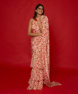 Cream & red ruffle saree 1