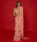 Cream & red ruffle saree