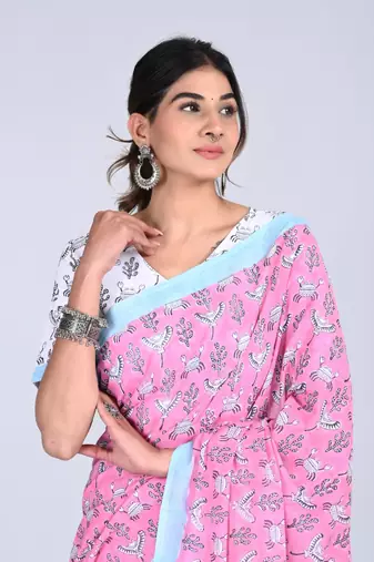 Shivanya handicrafts hand block printed women mulmul cotton sarees for women attach blouse piece sh-1646