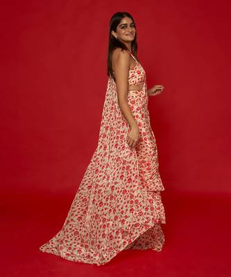Cream & red ruffle saree 2