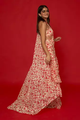 Cream & red ruffle saree