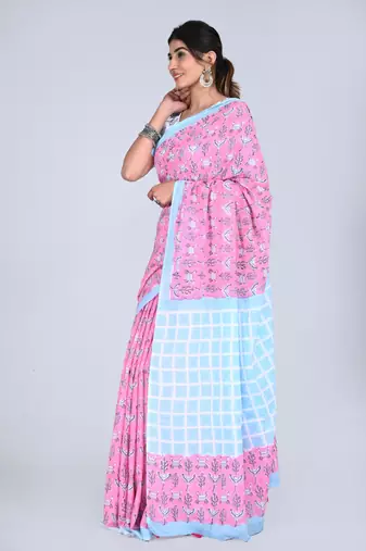 Shivanya handicrafts hand block printed women mulmul cotton sarees for women attach blouse piece sh-1646