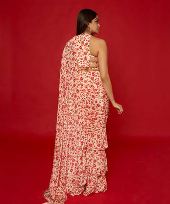 Cream & red ruffle saree 3