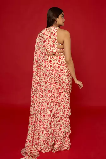 Cream & red ruffle saree