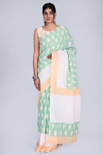 Shivanya handicrafts hand block printed women mulmul cotton sarees for women attach blouse piece sh-1647