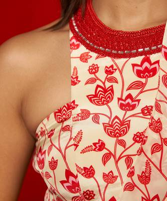 Cream & red ruffle saree 4