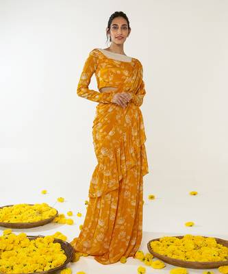 Mustard & white ruffle saree 1