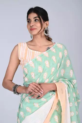 Shivanya handicrafts hand block printed women mulmul cotton sarees for women attach blouse piece sh-1647