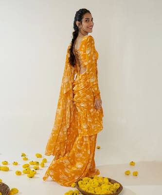 Mustard & white ruffle saree 2