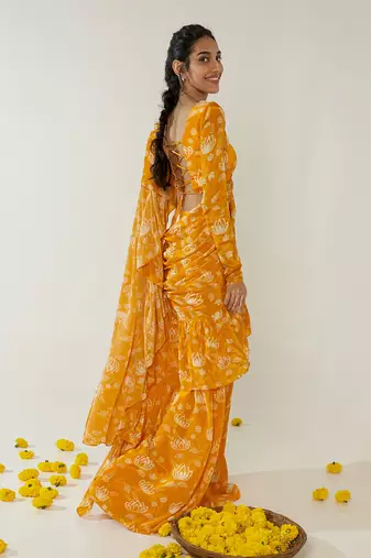 Mustard & white ruffle saree