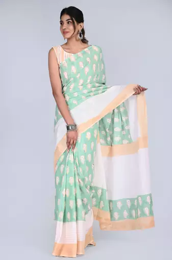 Shivanya handicrafts hand block printed women mulmul cotton sarees for women attach blouse piece sh-1647