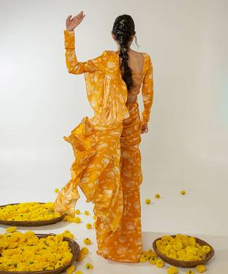 Mustard & white ruffle saree 3