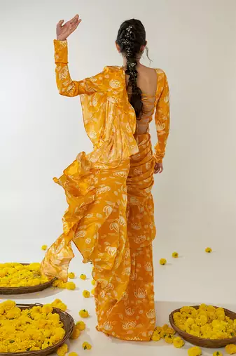 Mustard & white ruffle saree