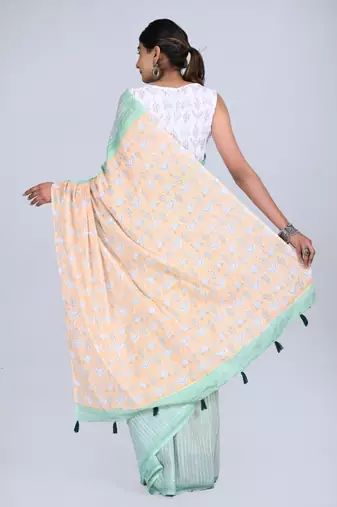 Shivanya handicrafts hand block printed women mulmul cotton sarees for women attach blouse piece sh-1648