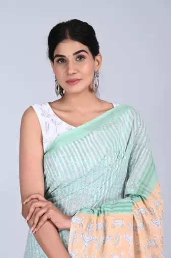 Shivanya handicrafts hand block printed women mulmul cotton sarees for women attach blouse piece sh-1648