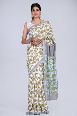 Shivanya handicrafts hand block printed women mulmul cotton sarees for women attach blouse piece sh-1649 1