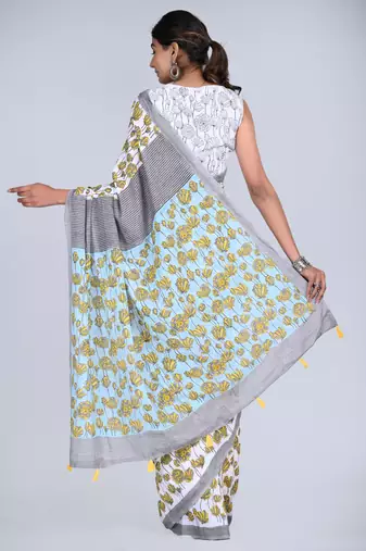 Shivanya handicrafts hand block printed women mulmul cotton sarees for women attach blouse piece sh-1649