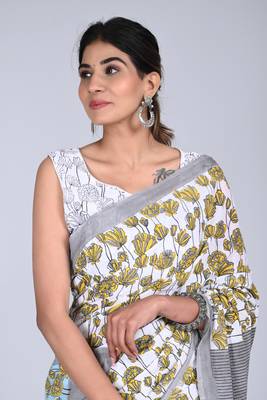 Shivanya handicrafts hand block printed women mulmul cotton sarees for women attach blouse piece sh-1649 3
