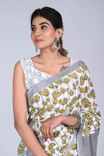 Shivanya handicrafts hand block printed women mulmul cotton sarees for women attach blouse piece sh-1649