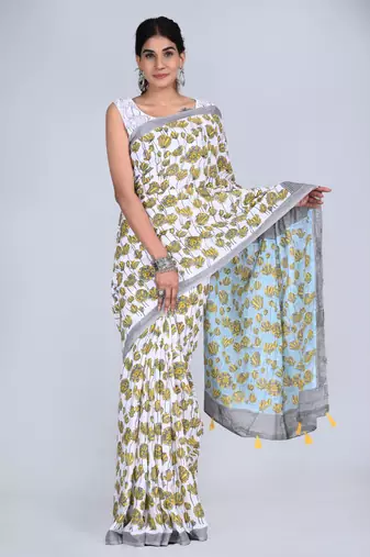 Shivanya handicrafts hand block printed women mulmul cotton sarees for women attach blouse piece sh-1649