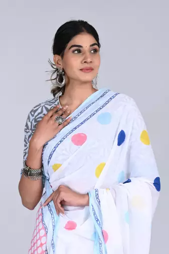 Shivanya handicrafts hand block printed women mulmul cotton sarees for women attach blouse piece sh-1650
