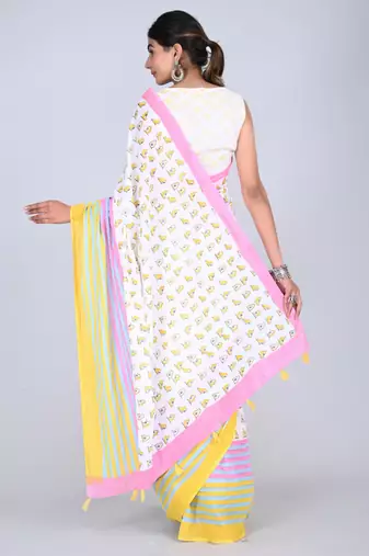 Shivanya handicrafts hand block printed women mulmul cotton sarees for women attach blouse piece sh-1651