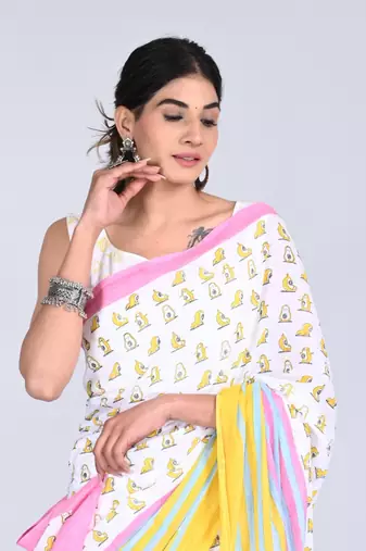 Shivanya handicrafts hand block printed women mulmul cotton sarees for women attach blouse piece sh-1651