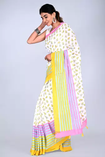 Shivanya handicrafts hand block printed women mulmul cotton sarees for women attach blouse piece sh-1651
