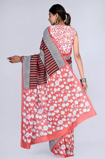 Shivanya handicrafts hand block printed women mulmul cotton sarees for women attach blouse piece sh-1652