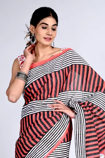 Shivanya handicrafts hand block printed women mulmul cotton sarees for women attach blouse piece sh-1652