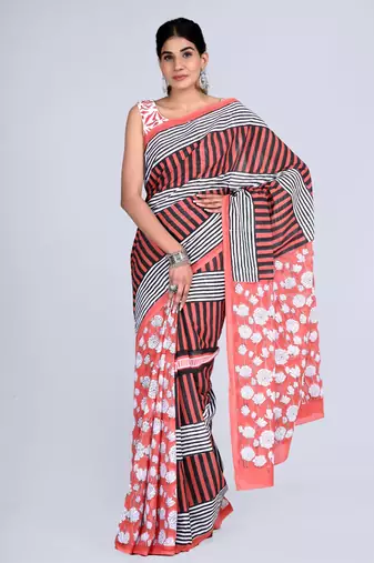Shivanya handicrafts hand block printed women mulmul cotton sarees for women attach blouse piece sh-1652