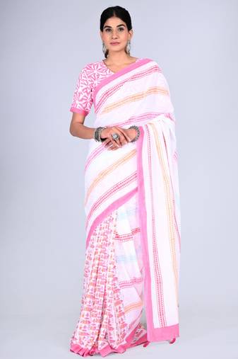 Shivanya handicrafts hand block printed women mulmul cotton sarees for women attach blouse piece sh-1653