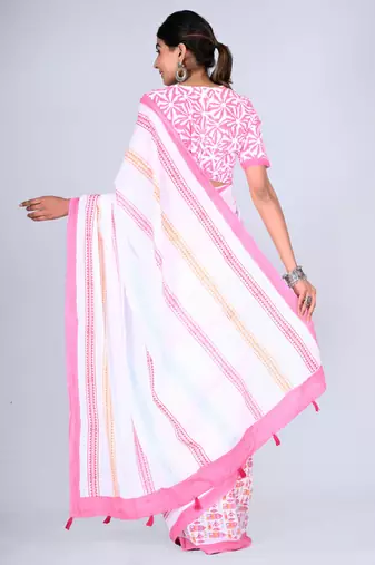Shivanya handicrafts hand block printed women mulmul cotton sarees for women attach blouse piece sh-1653