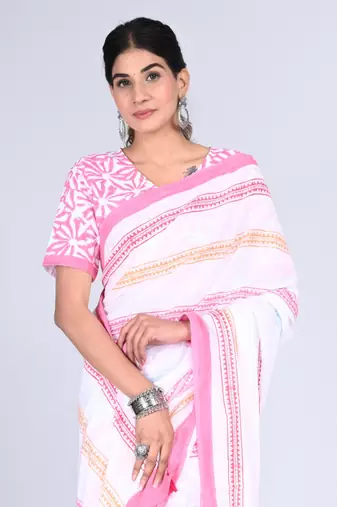 Shivanya handicrafts hand block printed women mulmul cotton sarees for women attach blouse piece sh-1653