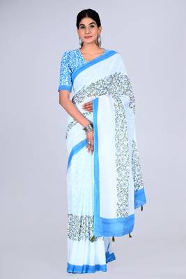 Shivanya handicrafts hand block printed women mulmul cotton sarees for women attach blouse piece sh-1654 1