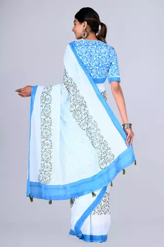 Shivanya handicrafts hand block printed women mulmul cotton sarees for women attach blouse piece sh-1654
