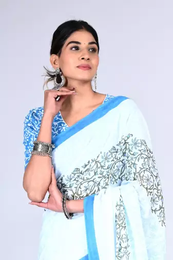 Shivanya handicrafts hand block printed women mulmul cotton sarees for women attach blouse piece sh-1654