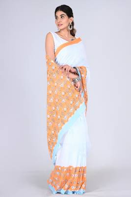 Shivanya handicrafts hand block printed women mulmul cotton sarees for women attach blouse piece sh-1656 2
