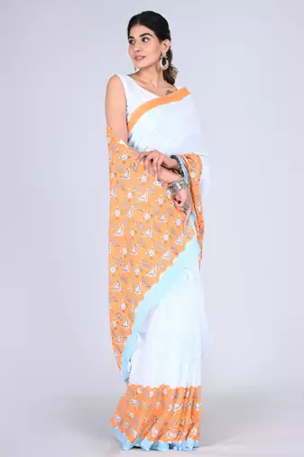 Shivanya handicrafts hand block printed women mulmul cotton sarees for women attach blouse piece sh-1656