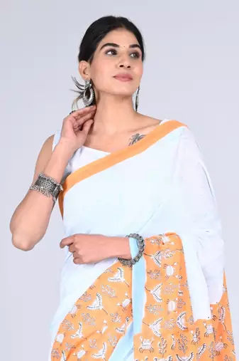 Shivanya handicrafts hand block printed women mulmul cotton sarees for women attach blouse piece sh-1656