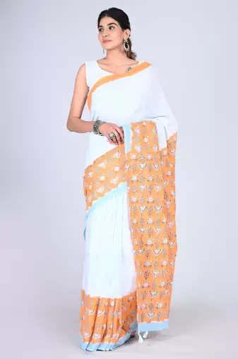 Shivanya handicrafts hand block printed women mulmul cotton sarees for women attach blouse piece sh-1656