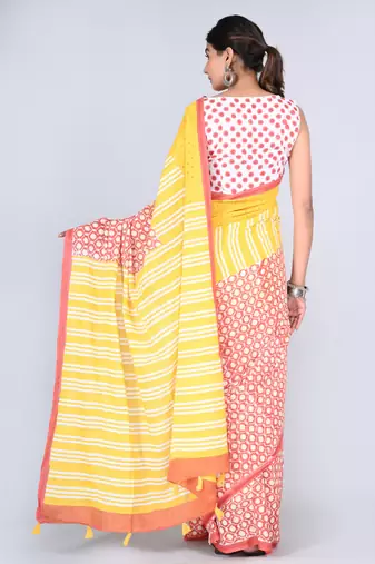 Shivanya handicrafts hand block printed women mulmul cotton sarees for women attach blouse piece sh-1657