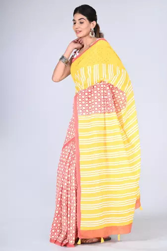 Shivanya handicrafts hand block printed women mulmul cotton sarees for women attach blouse piece sh-1657