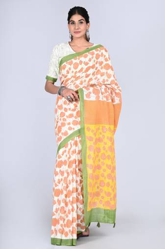 Shivanya handicrafts hand block printed women mulmul cotton sarees for women attach blouse piece sh-1658