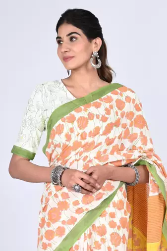 Shivanya handicrafts hand block printed women mulmul cotton sarees for women attach blouse piece sh-1658