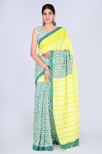 Shivanya handicrafts hand block printed women mulmul cotton sarees for women attach blouse piece sh-1659