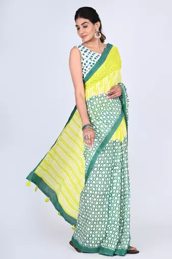 Shivanya handicrafts hand block printed women mulmul cotton sarees for women attach blouse piece sh-1659