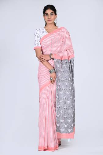 Shivanya handicrafts hand block printed women mulmul cotton sarees for women attach blouse piece sh-1660