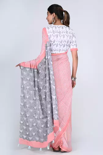 Shivanya handicrafts hand block printed women mulmul cotton sarees for women attach blouse piece sh-1660