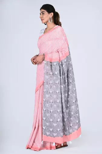 Shivanya handicrafts hand block printed women mulmul cotton sarees for women attach blouse piece sh-1660